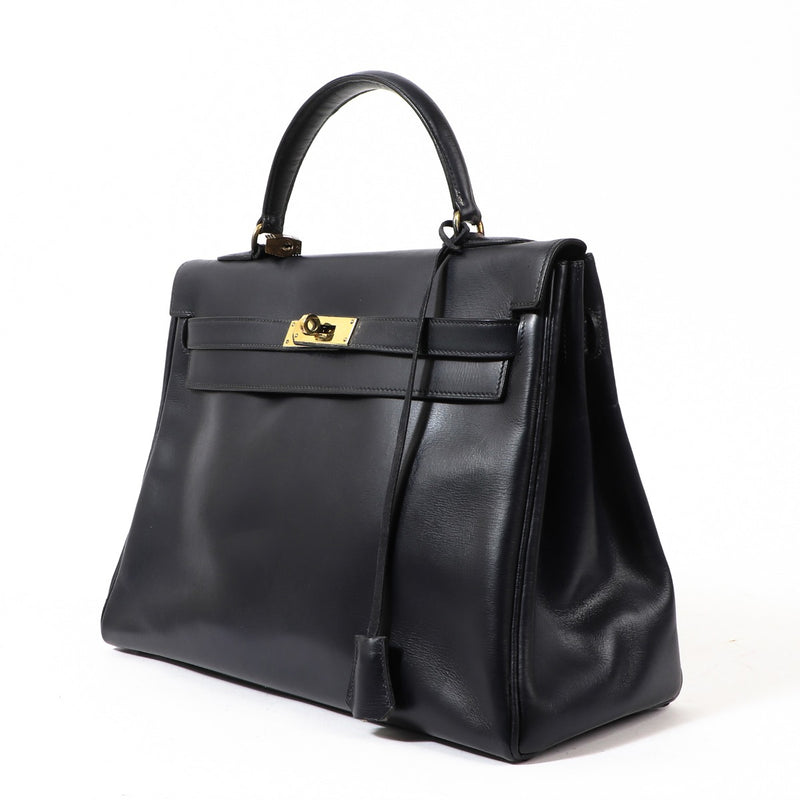 Hermès Kelly 32 navy blue Box calf leather with gold hardware