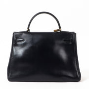 Hermès Vintage Kelly 32 Blue Box Gold Hardware