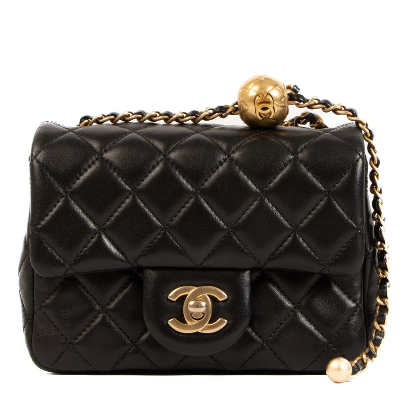 Chanel Black Mini Square Pearl Crush Flap Bag for the best price at Labellov secondhand luxury in Antwerp.