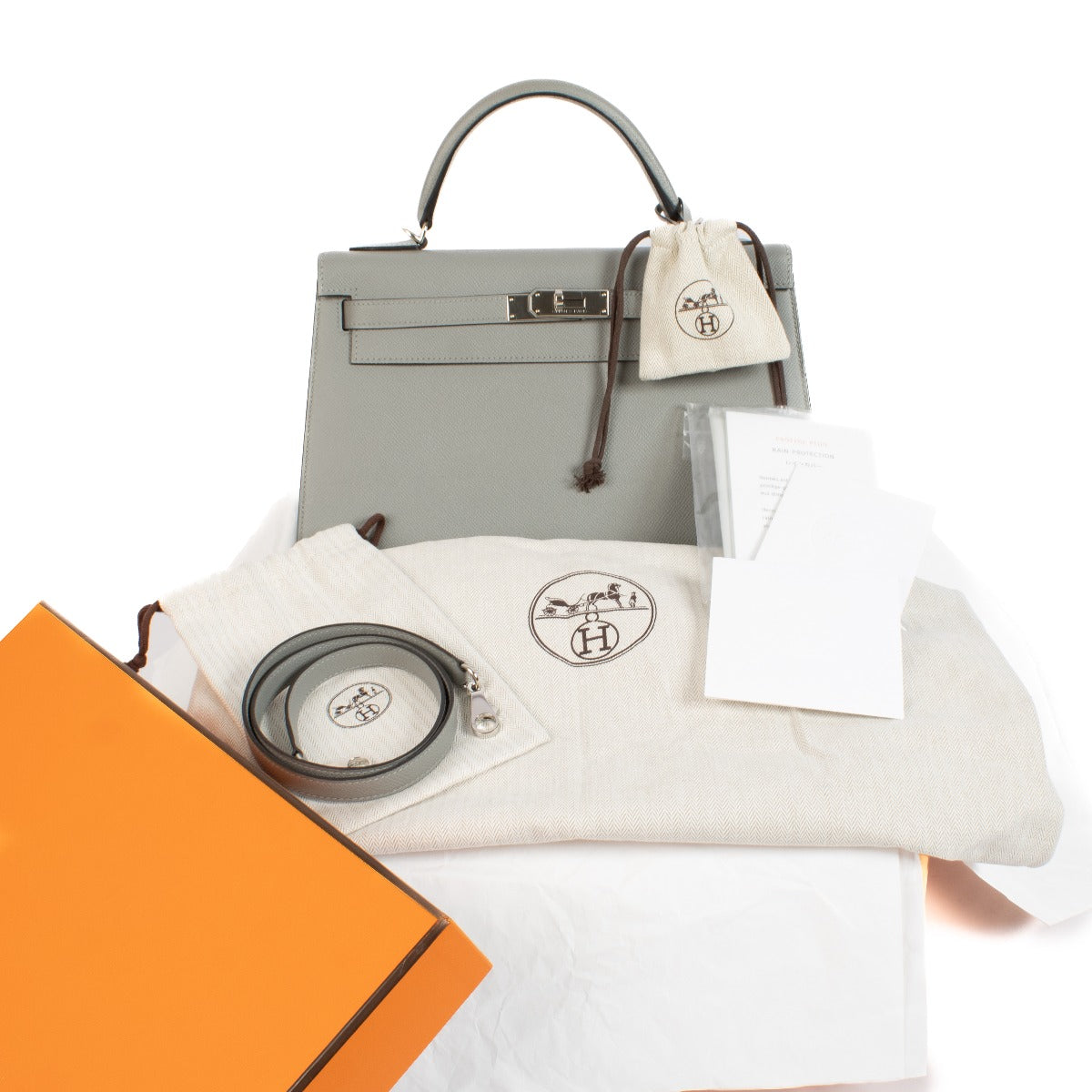 Authentic second hand brand new Hermès Kelly 32 Gris Mouette Epsom PHW on www.labellov.com