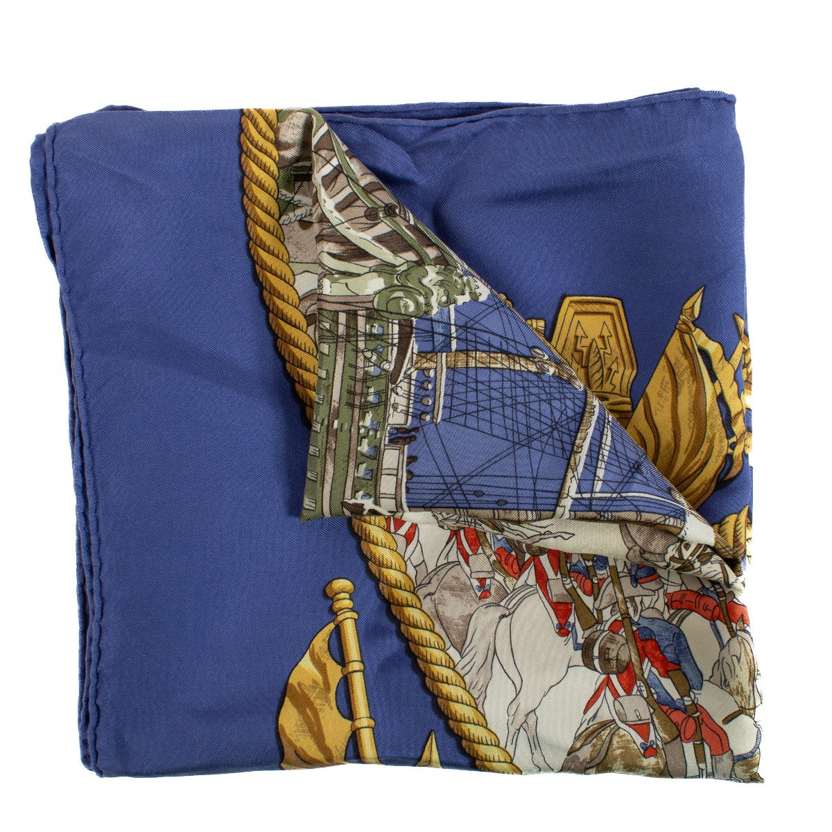 Foulard Hermès en soie bleue Marine et Cavalerie 90