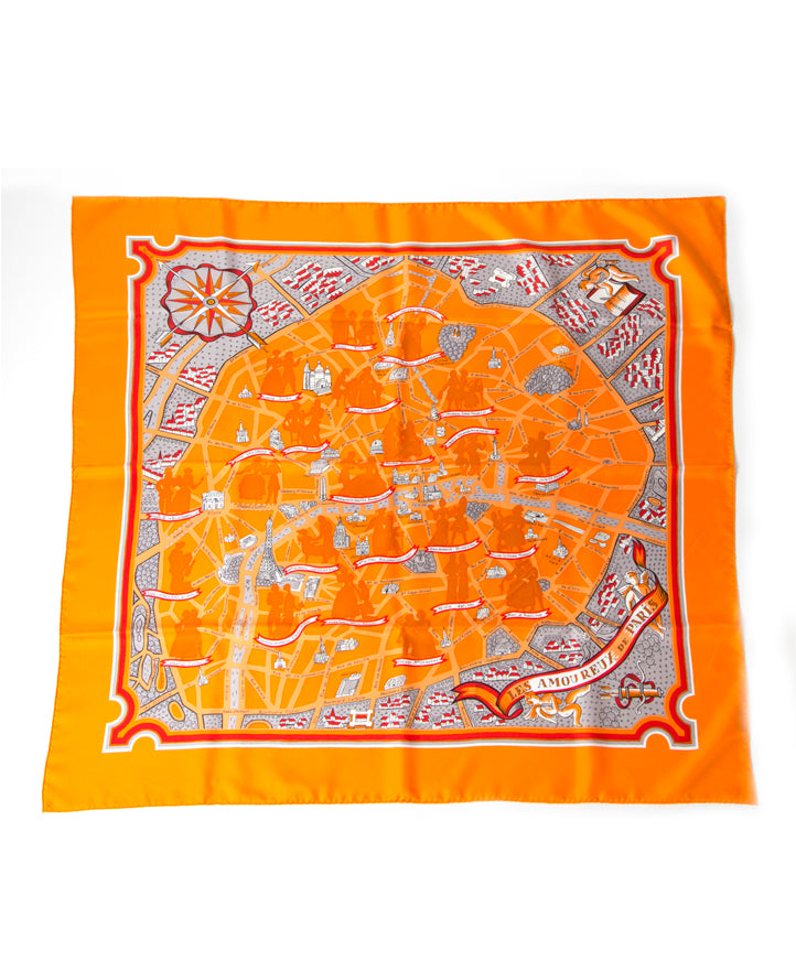Koop veilig online tweedehands Hermes sjaal les amoureux de paris oranje 100% authentiek