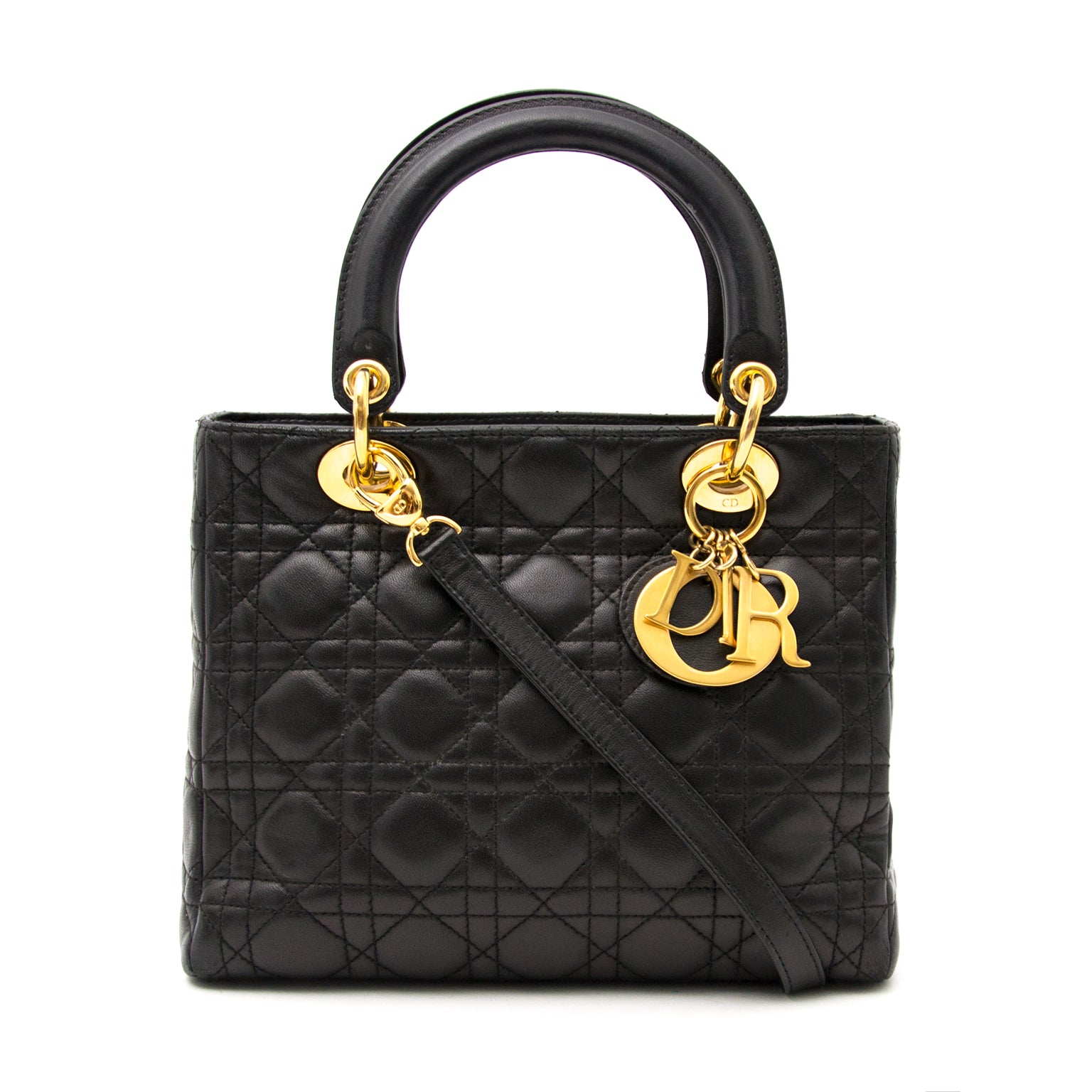 Christian Dior Medium Black Lady Dior Bag now for sale in Antwerp or online www.labellov.com, the perfect webshop for all your designer items or vintage luxury items.