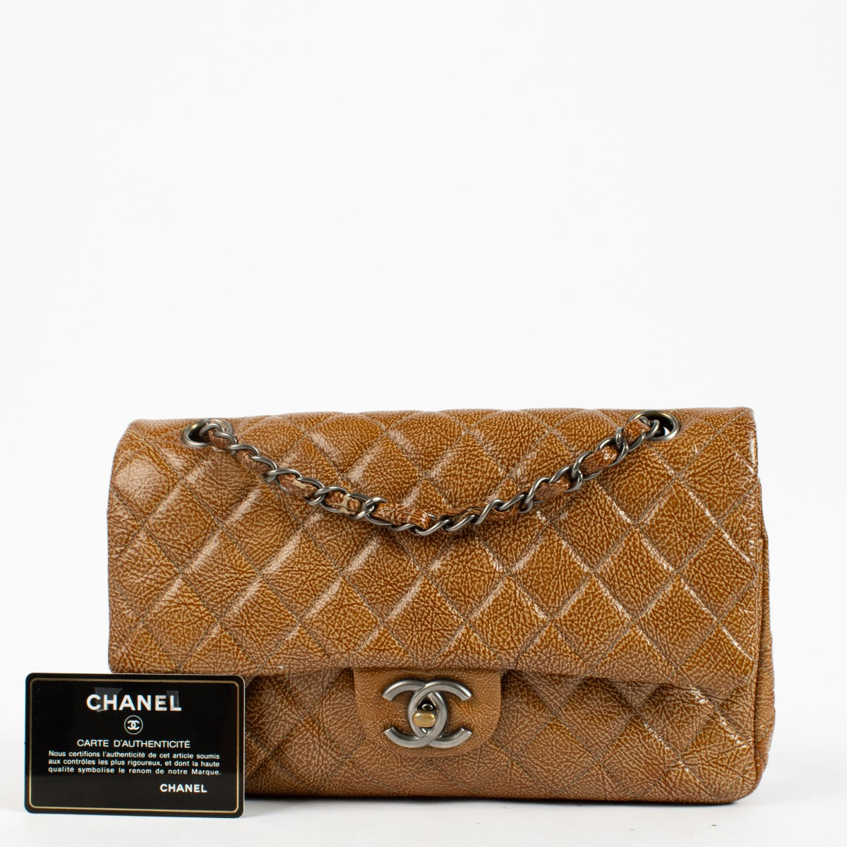 Chanel Caramel Crinkled Patent Leather Medium Classic Flap Bag