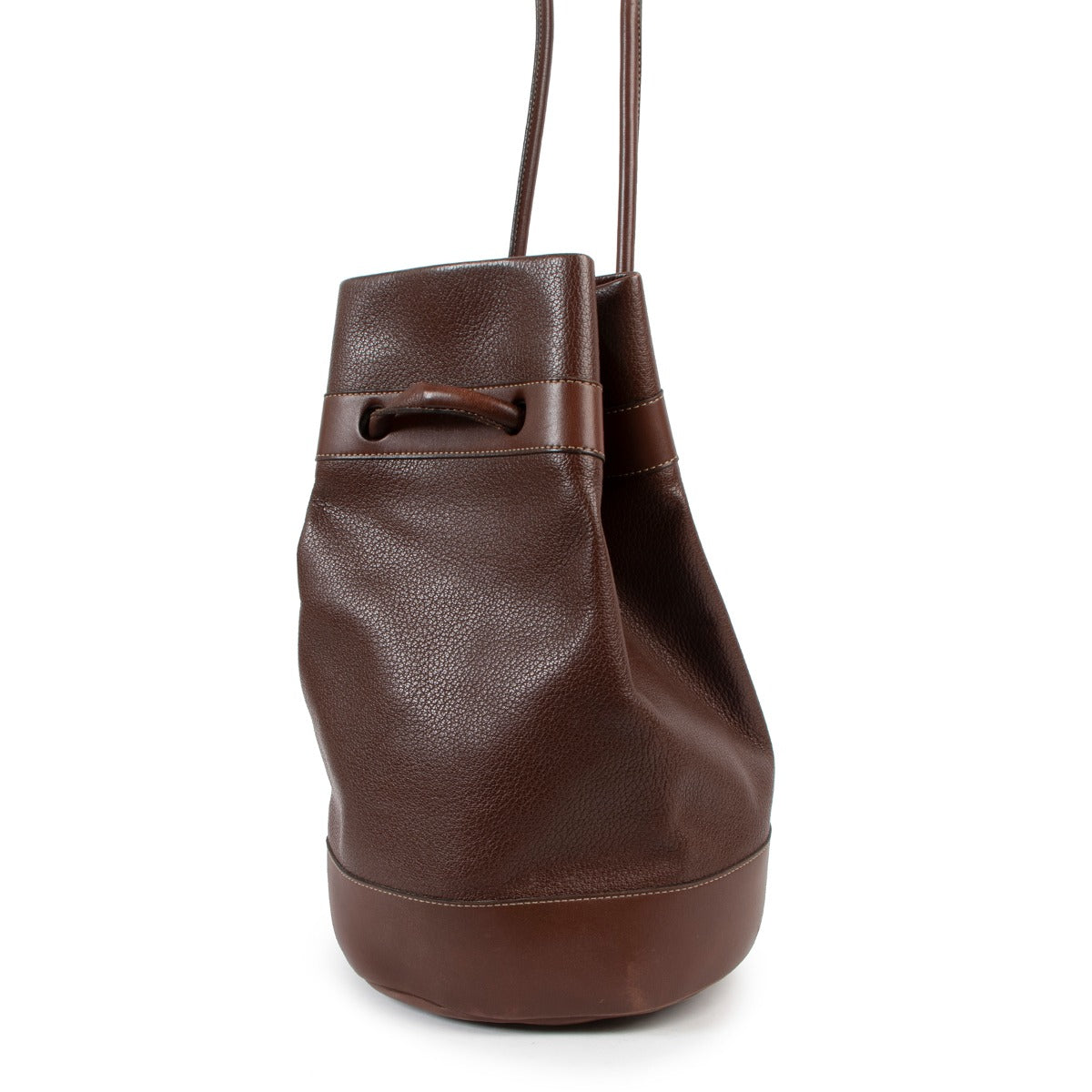 Deux De Delveaux Brown Grained Leather Bucket Bag