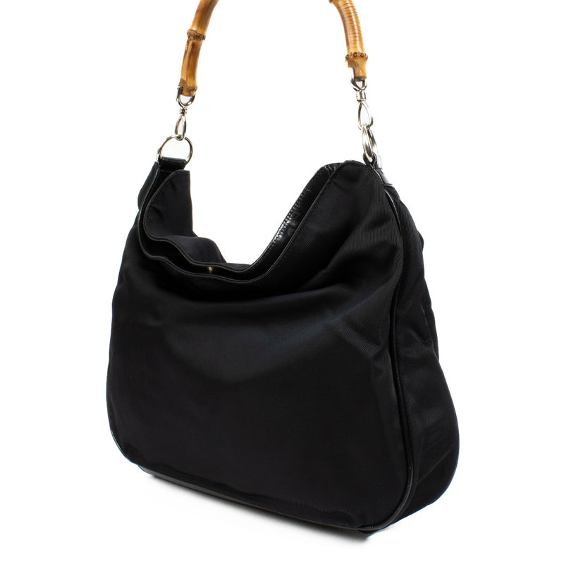 100% authentic pre loved Gucci Black Nylon Bamboo Handle Hobo on Labellov.com
