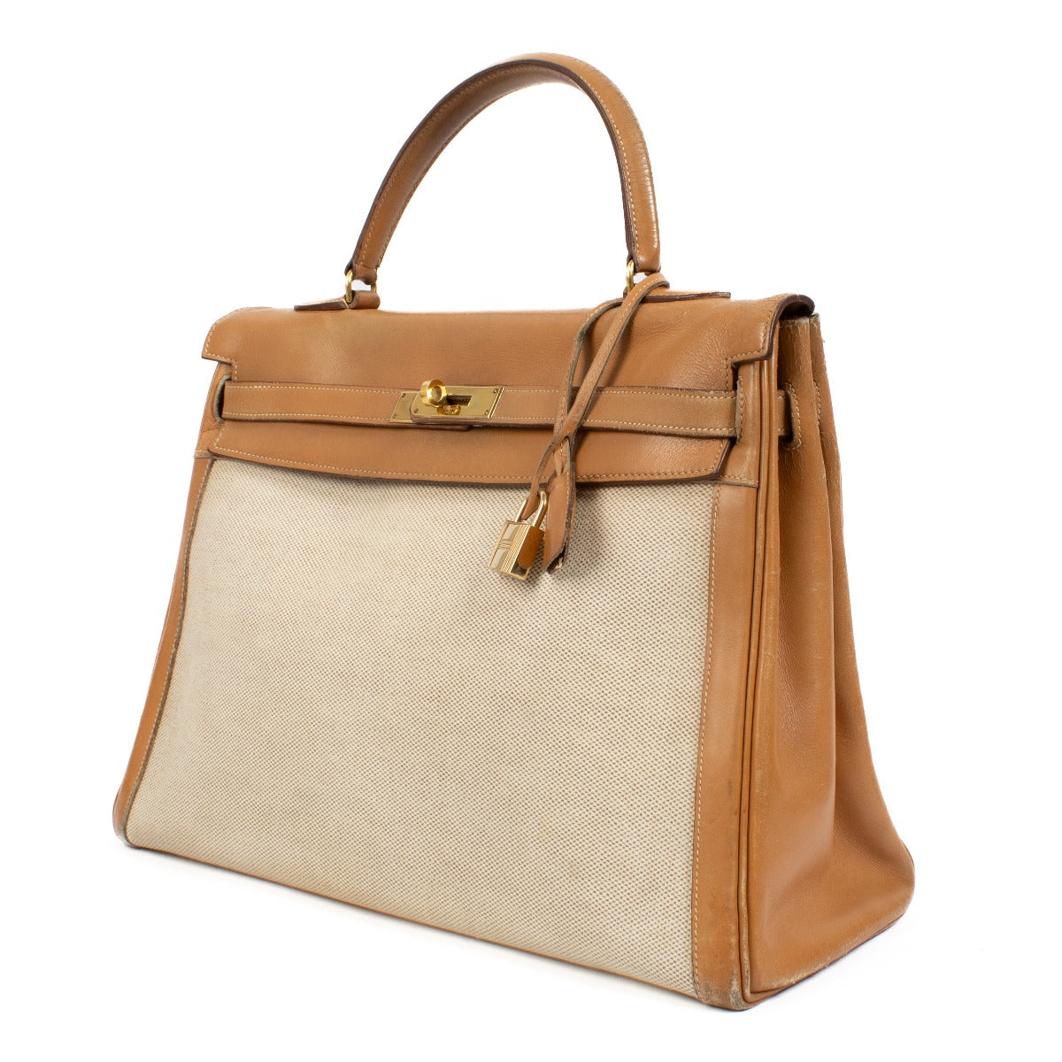 Hermès Vintage Kelly 35 Canvas Toile H/Natural Leather GHW