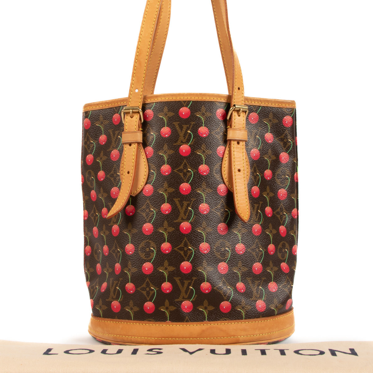 Louis Vuitton x Takashi Murakami Monogram Cerises Cherry Bucket Bag for the best price at Labellov secondhand luxury in Antwerp