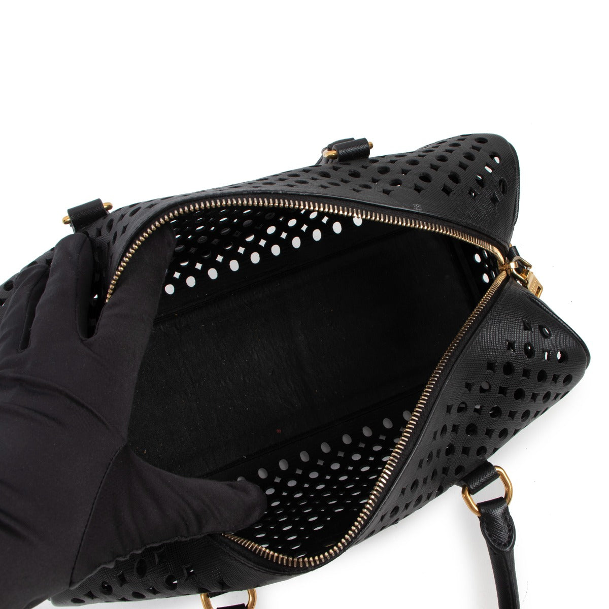 Prada Black Saffiano Leather Perforated Boston Bag