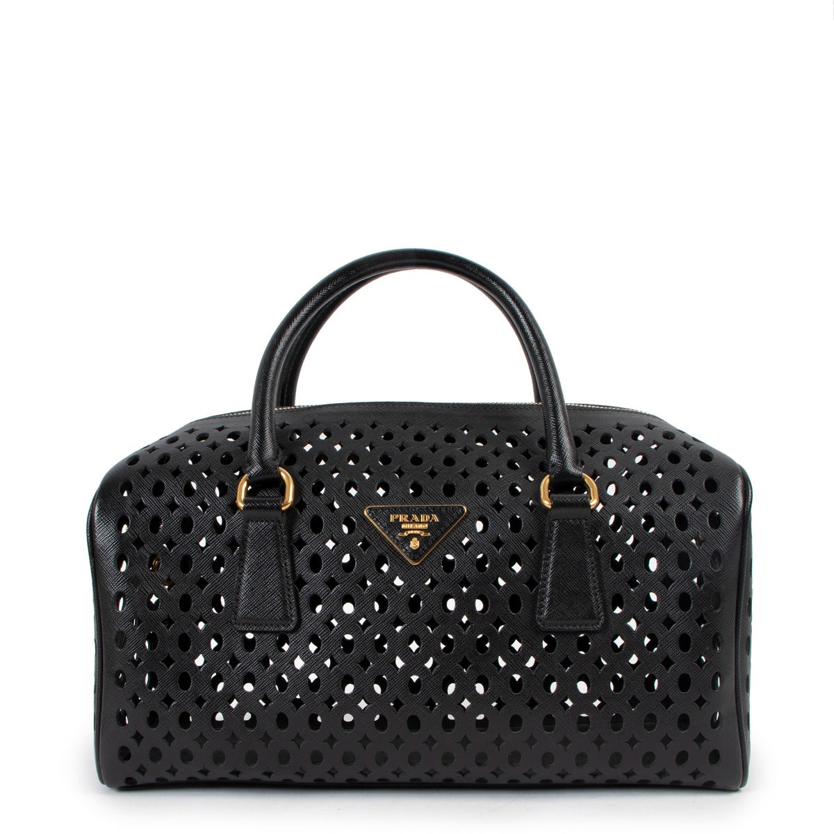 Shop now for your pre-loved, 100% authentic Prada Black Leather Saffiano Perforated Boston Bag, at Labellov in Antwerp.