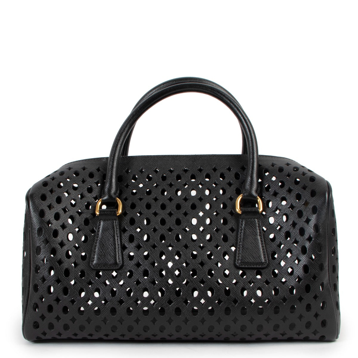 Prada Black Saffiano Leather Perforated Boston Bag