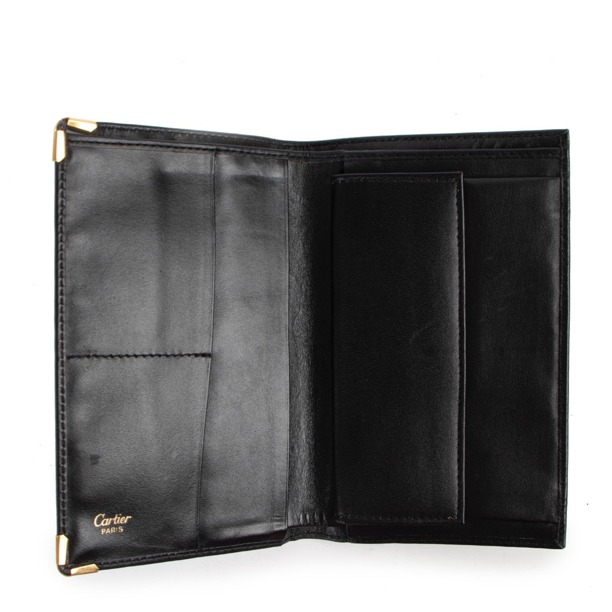 Original Cartier Black Leather Wallet for sale on Labellov vintage site in Antwerp for 2nd hand designer goods and accessories.