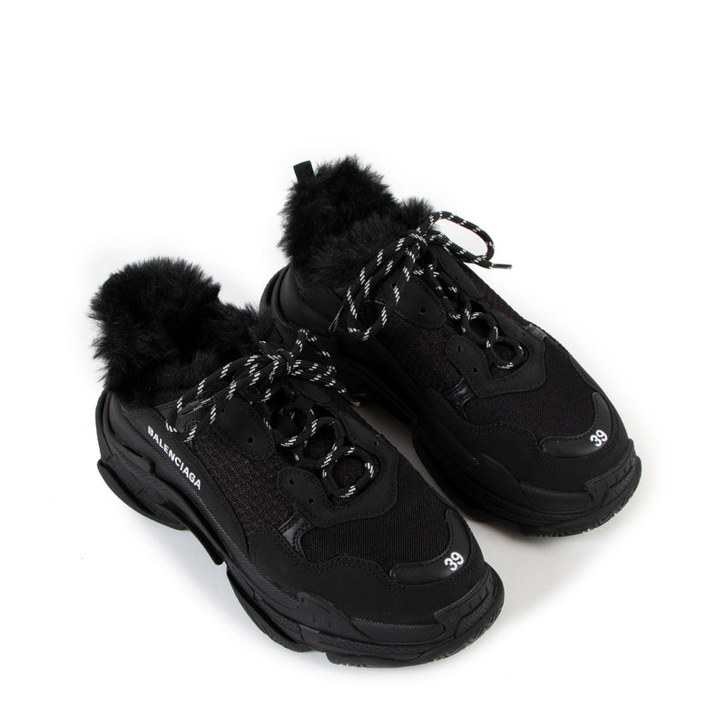 Balenciaga Black Faux Fur Triple-S Sneakers