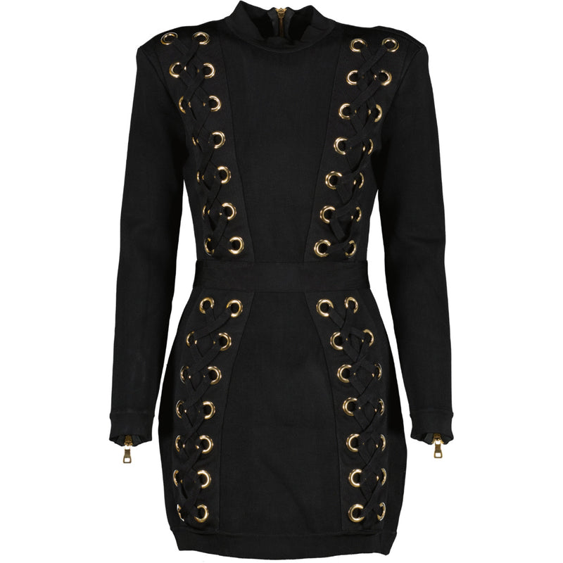 Balmain Black Lace-Up Bodycon Dress for the best price at Labellov