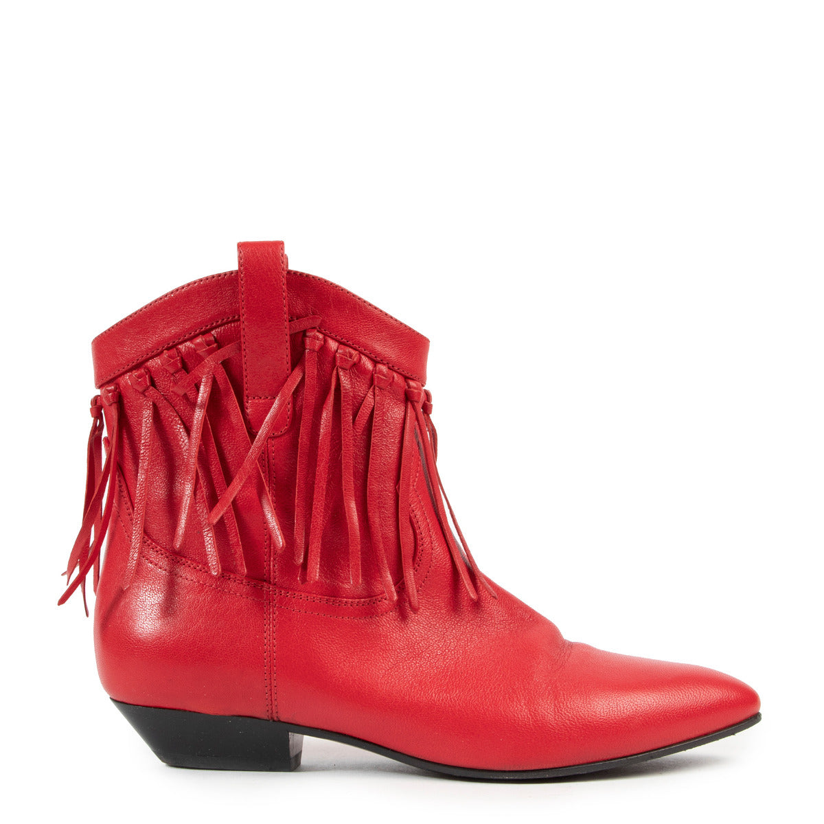 Saint Laurent Red Fringe Ankle Boots - size 37.5