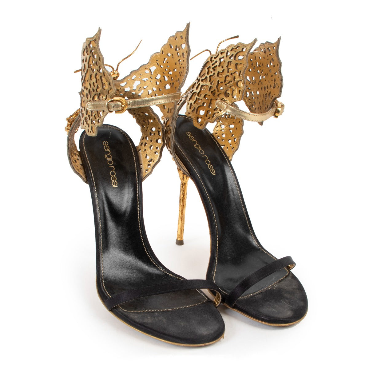 Shop authentic second hand luxury high end designer Sergio Rossi Gold Butterfly Heel Sandals at Labellov