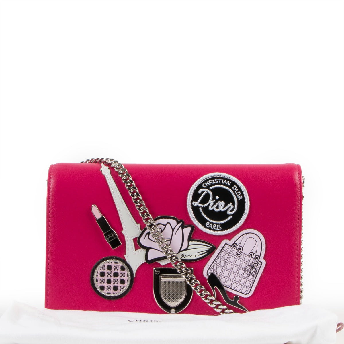 Buy online an authentic second hand Christian Dior Diorama Pink Patch Embellished Wallet On Chain Bag in very good condition.