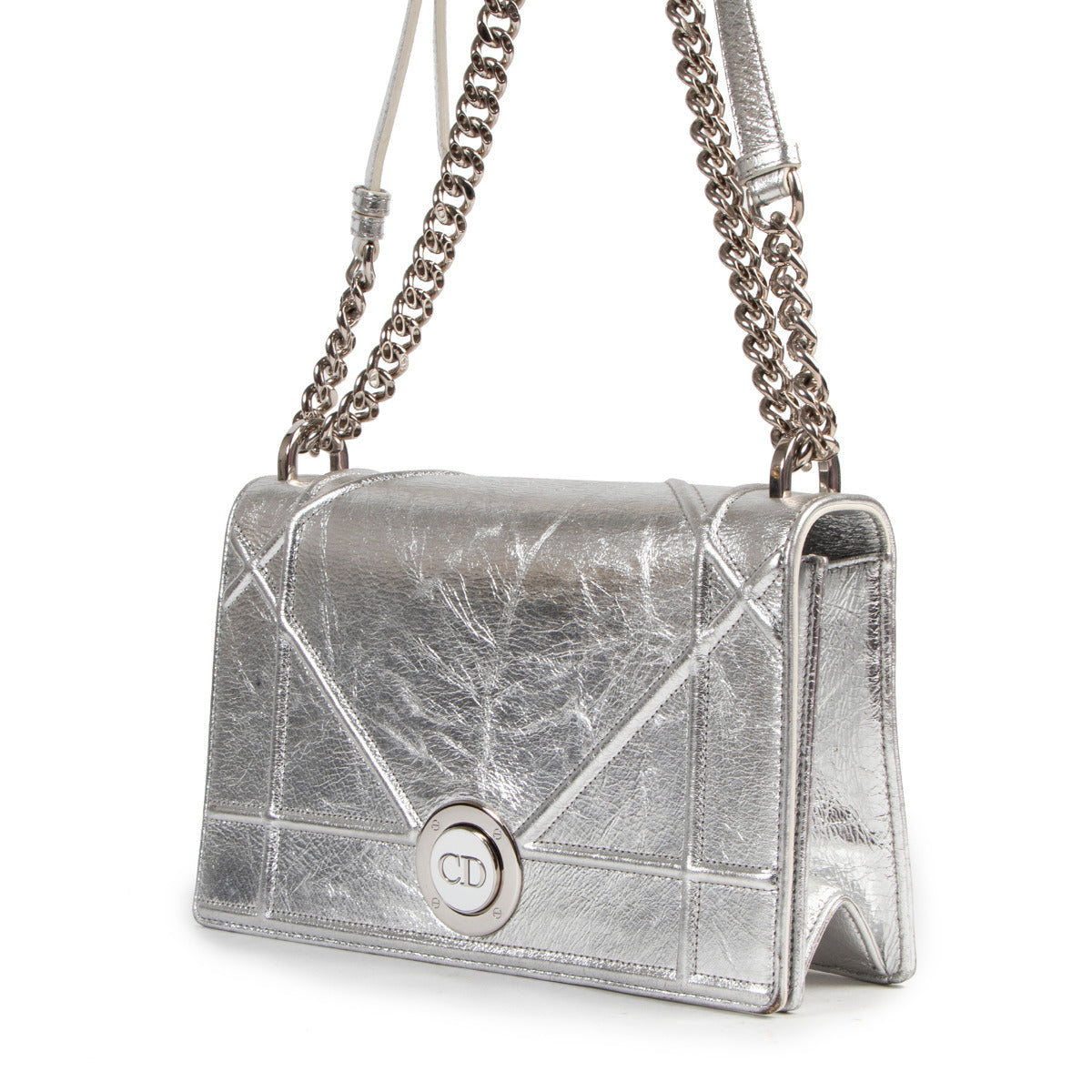 Christian Dior Metallic Silver Lambskin Diorama Flap Bag