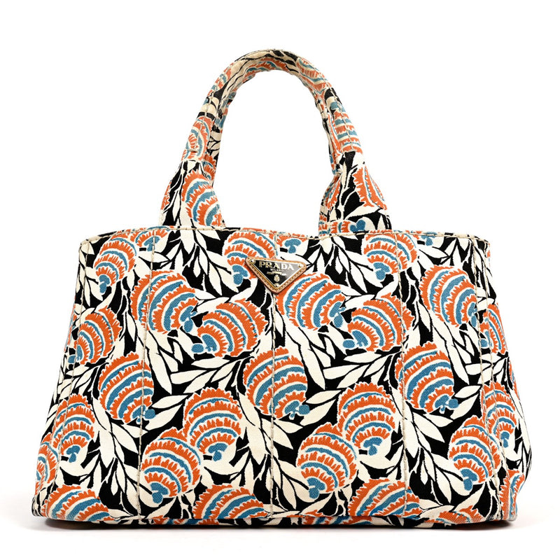 Buy an authentic second hand Prada Multicolor Canapa Stampata Canvas Tote Bag in very good condition at Labellov