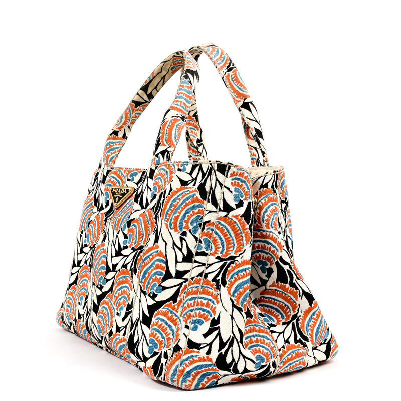 Buy an authentic second hand Prada Multicolor Canapa Stampata Canvas Tote Bag in very good condition at Labellov