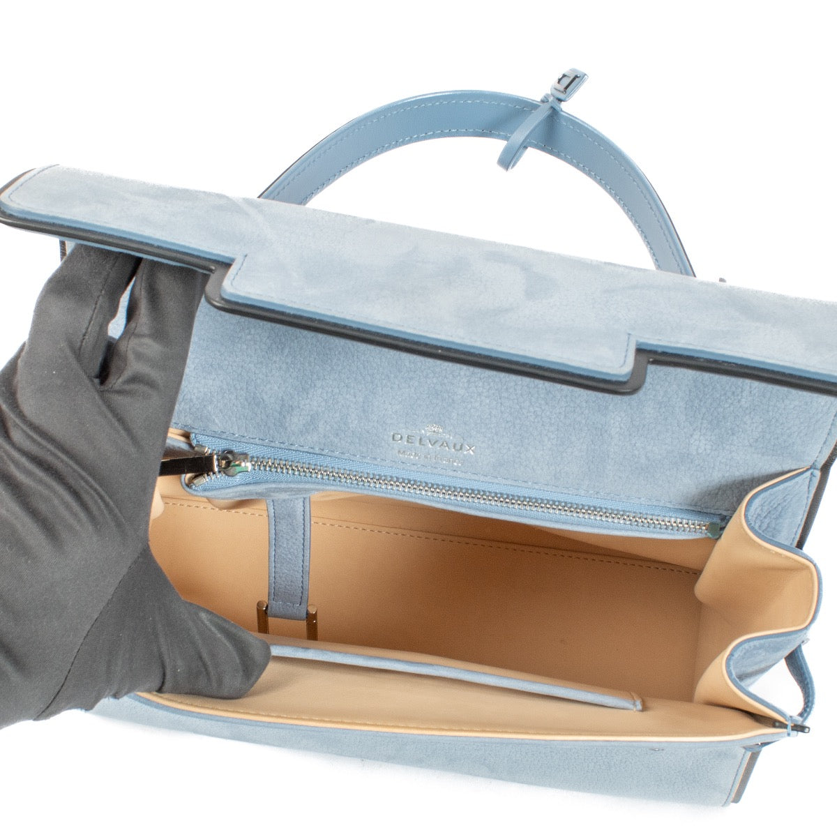 Buy authentic second hand Delvaux Misty Blue Santiag Nubuck Tempete MM at Labellov.com