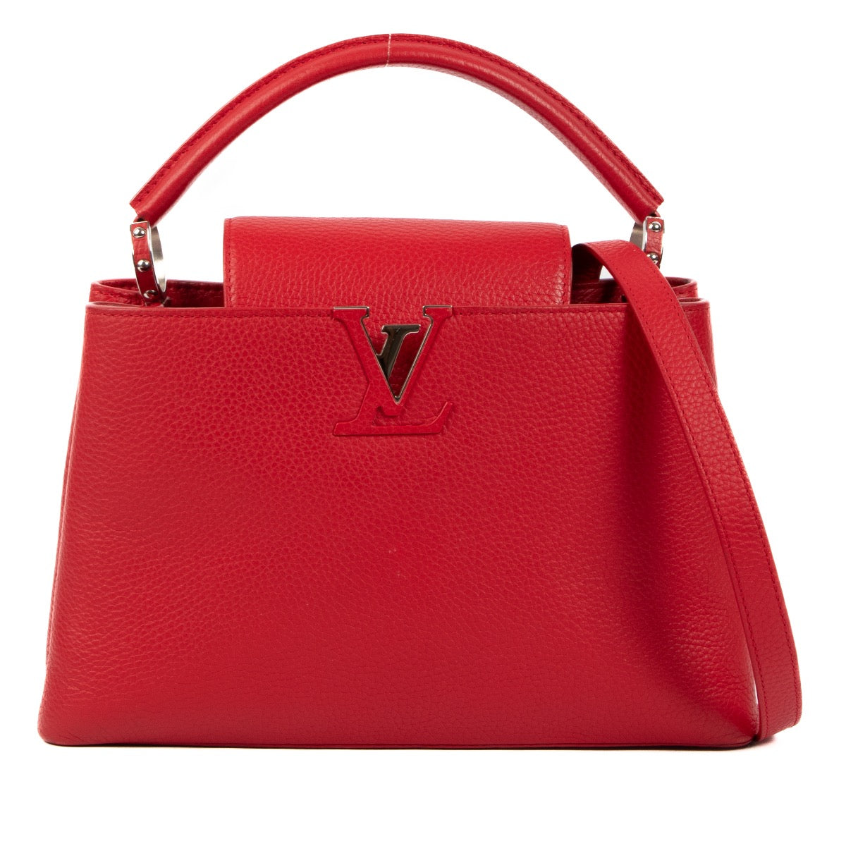 Shop safe online at Labellov in Antwerp, Brussels and Knokke this 100% authentic second hand Louis Vuitton Red Taurillon Leather Capucines MM