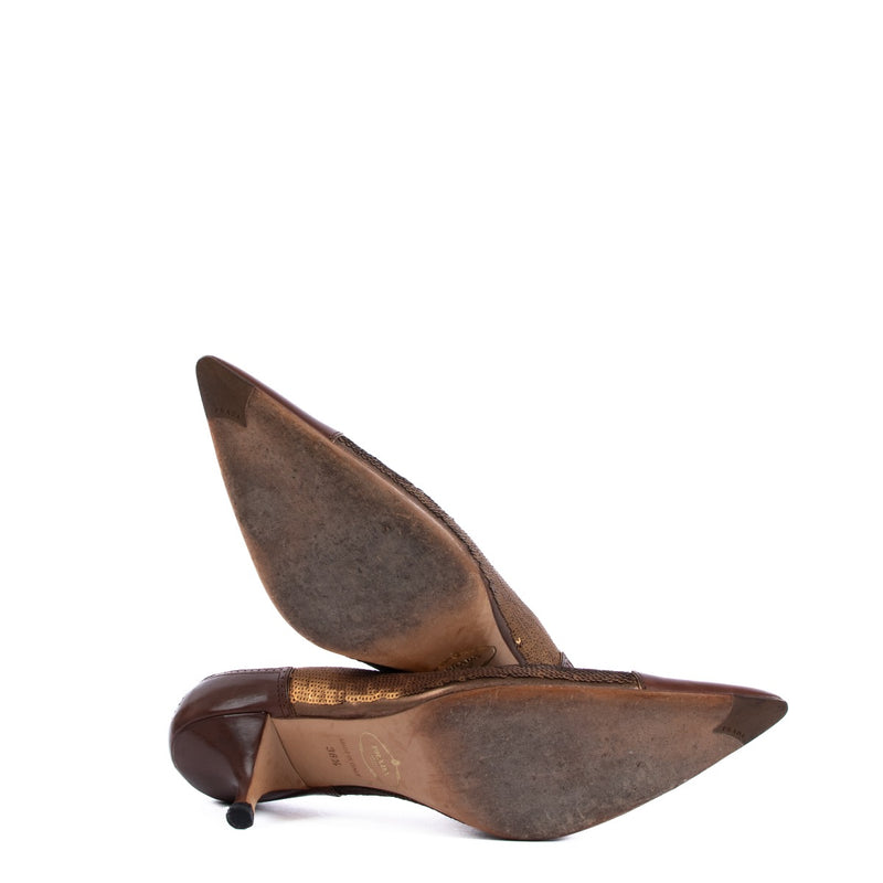 Prada Bronzen Kitten Heels met Pailletten - Maat 38.5