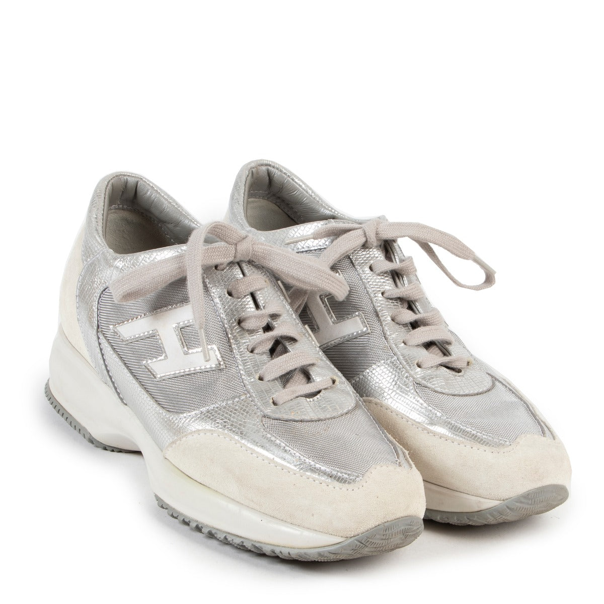 Preloved Hogan White Grey Silver Tone Leather Interactive 3D Sneakers in Size 37 on safe site in original condition