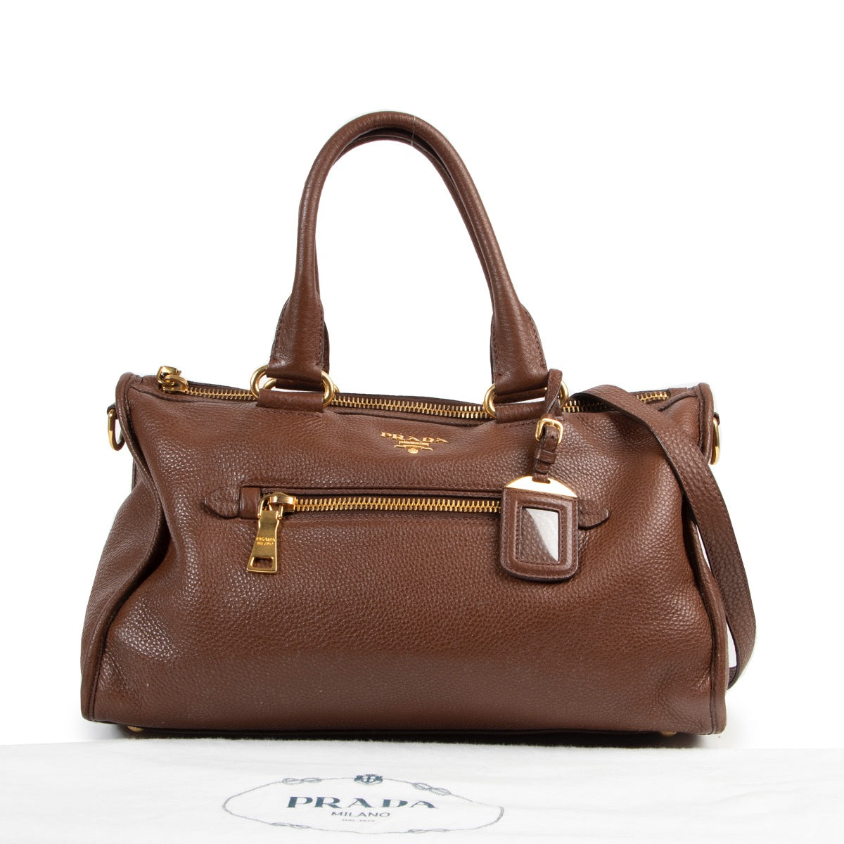 Veilig online shoppen bruine Prada schouder tas.