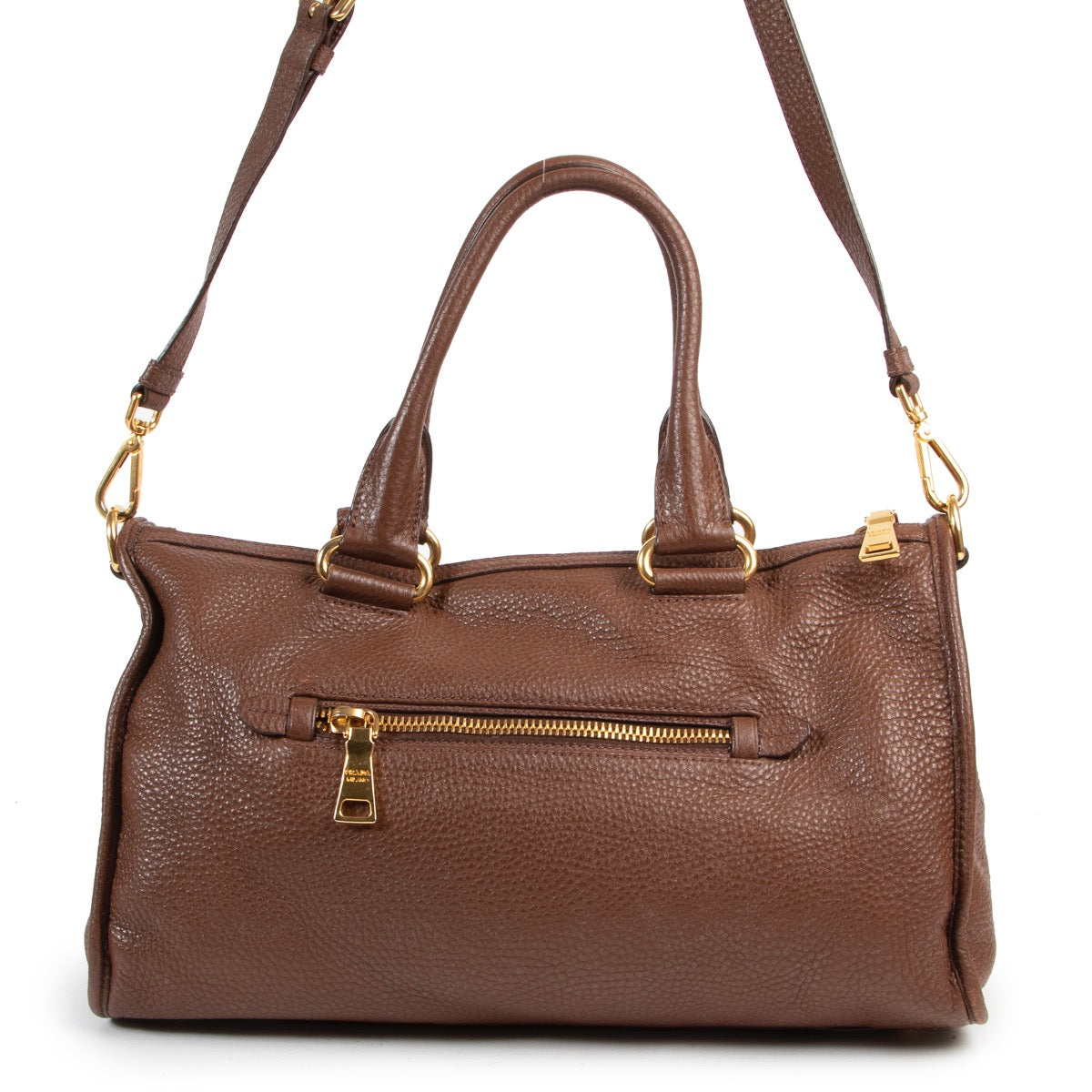 Veilig online shoppen bruine Prada schouder tas.