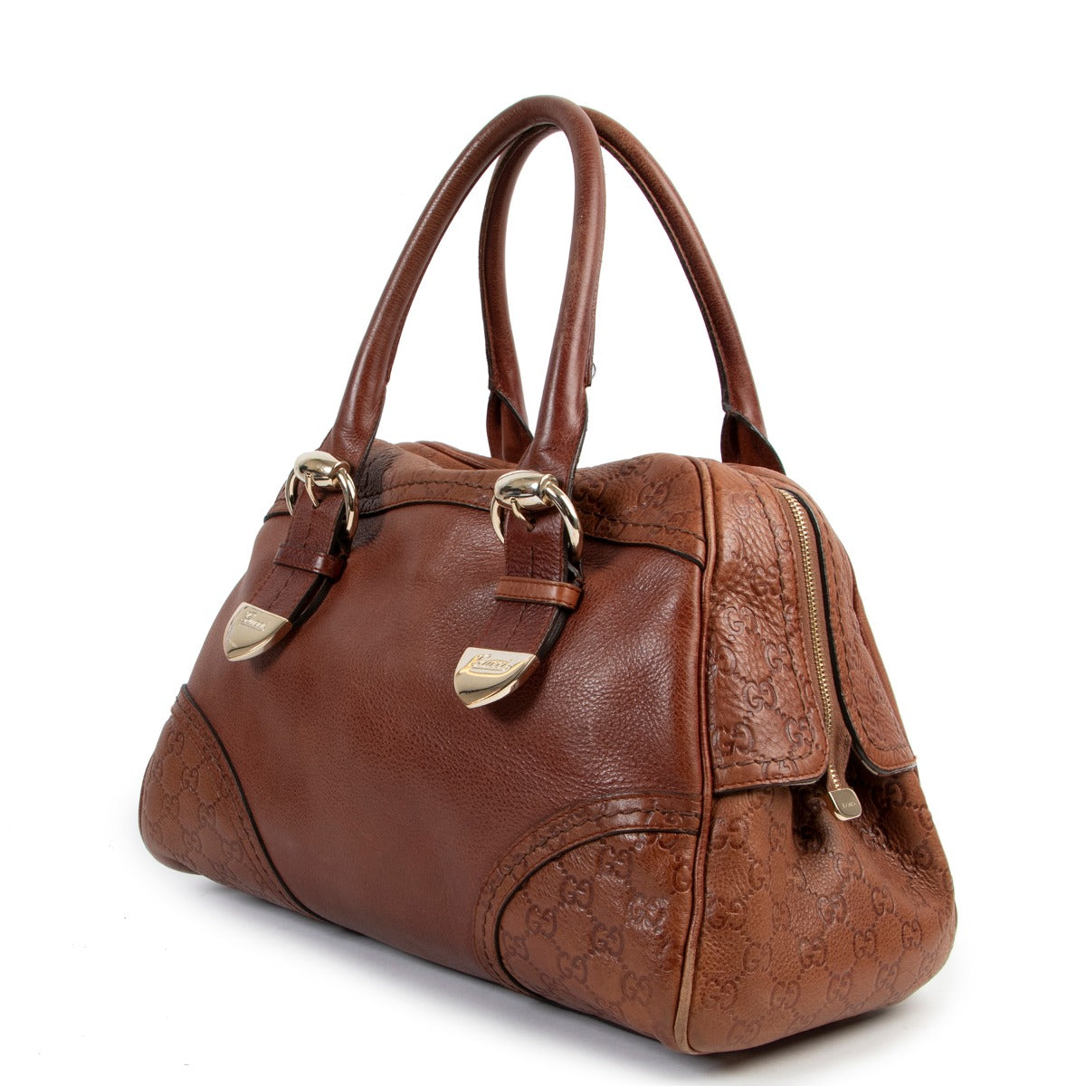 Original Gucci Brown Leather Monogram Shoulder bag in good condition now for sale on LAbellov vintage store for online 2nd hand designer bags