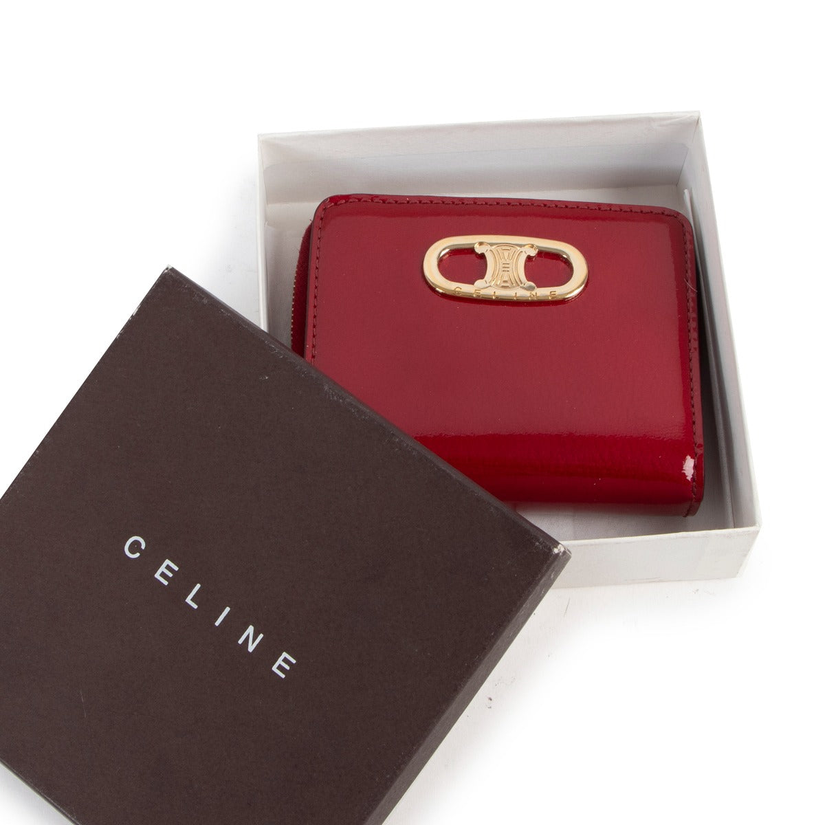 Celine Triomphe Red Patent Leather Zip Compact Vintage Wallet