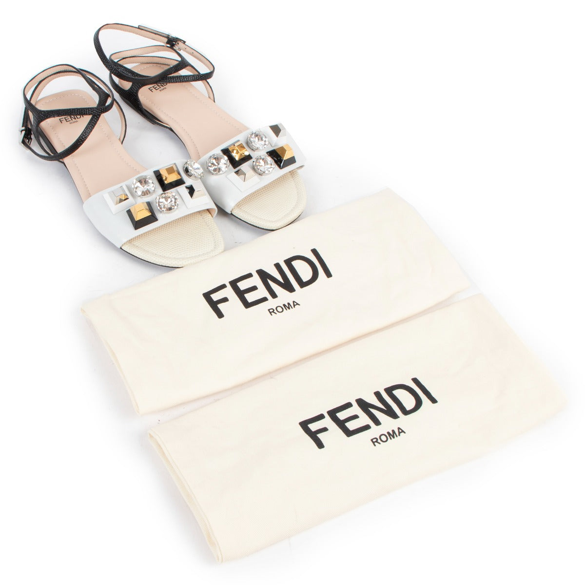 Fendi Leather Studs/Crystals Ankle Strap Sandals