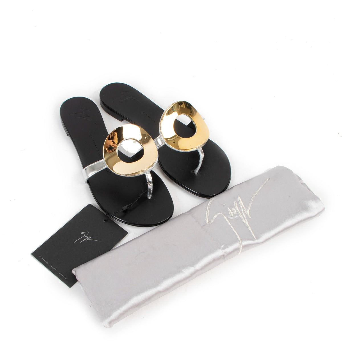Guiseppe Zanotti Black Metal Circle Flat Sandals