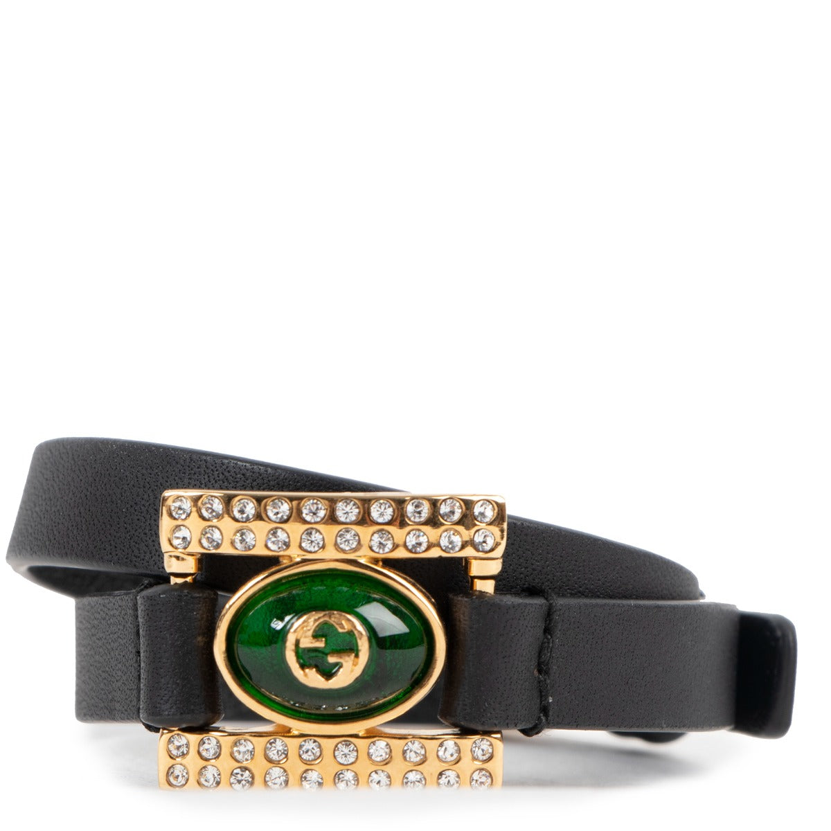 Gucci Black Leather GG Crystal Rhinestone Bracelet