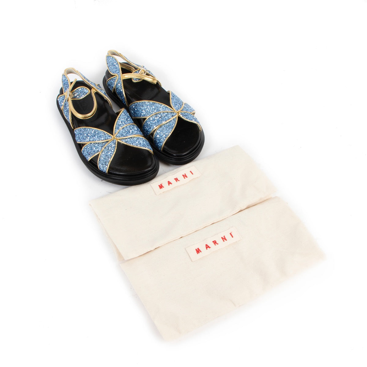 Shop safe online at Labellov in Antwerp these 100% authentic second hand as new Marni Blue Glitter Butterfly Sandals - Size 36,5