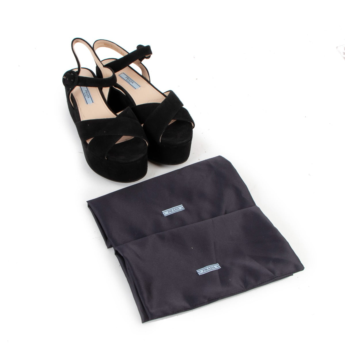 Prada Black Suede Criss Cross Wedge Sandals