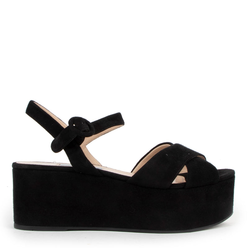 Prada Black Suede Criss Cross Wedge Sandals