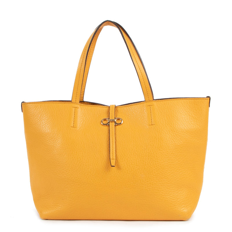 Salvatore Ferragamo Yellow Pebbled Calf Leather Bice Small Tote Bag