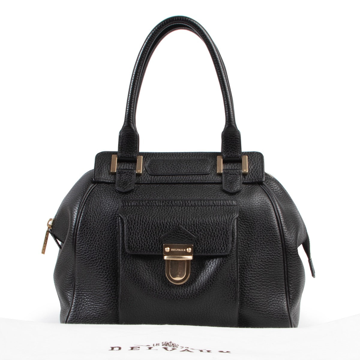 Online kopen van een authentieke tweedehands Delvaux coquin handtas in zwart leer.
