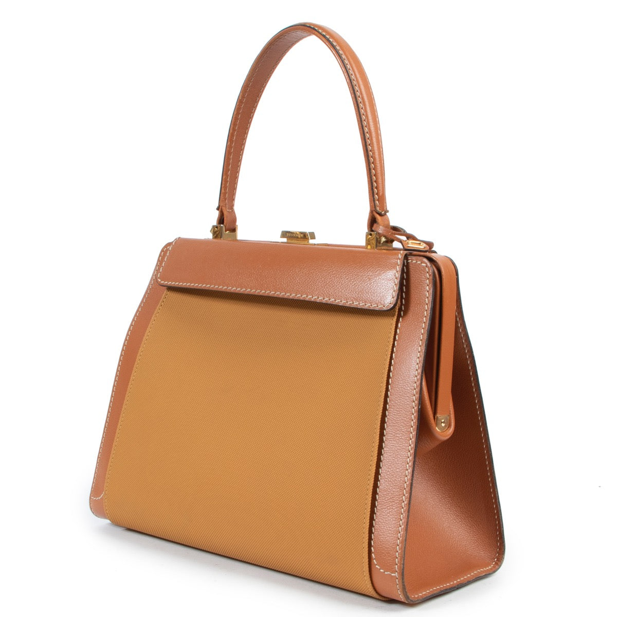 koop tweedehands Delvaux Cognac Illusion Top Handle Bag met extra mantels