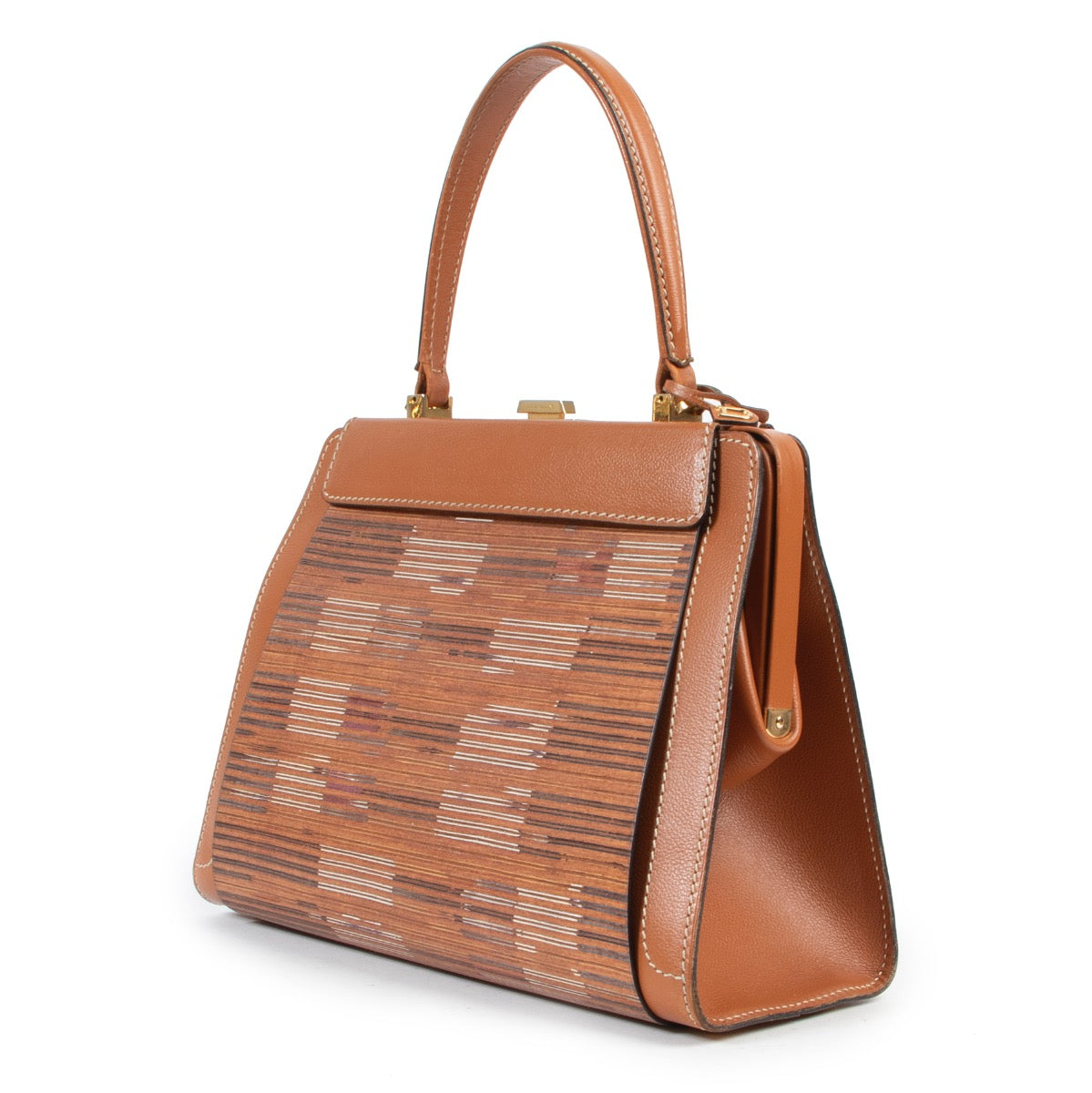 Delvaux Cognac Illusion Top Handle Bag ostrich flap