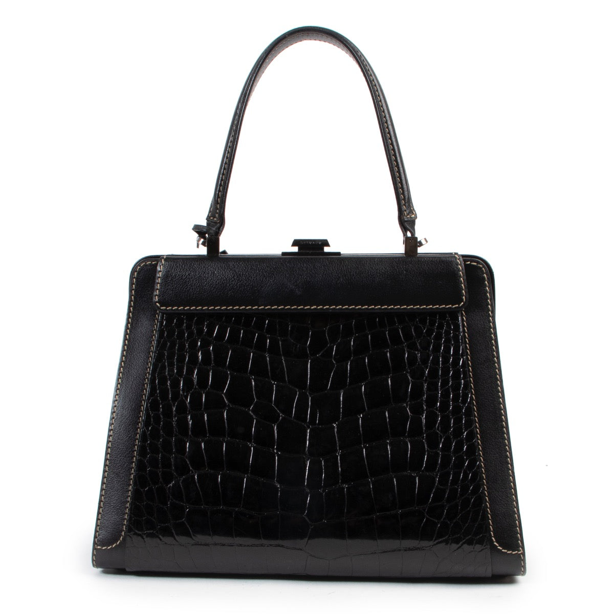 hard to find Delvaux Black Illusion Top Handle Bag Croco flap