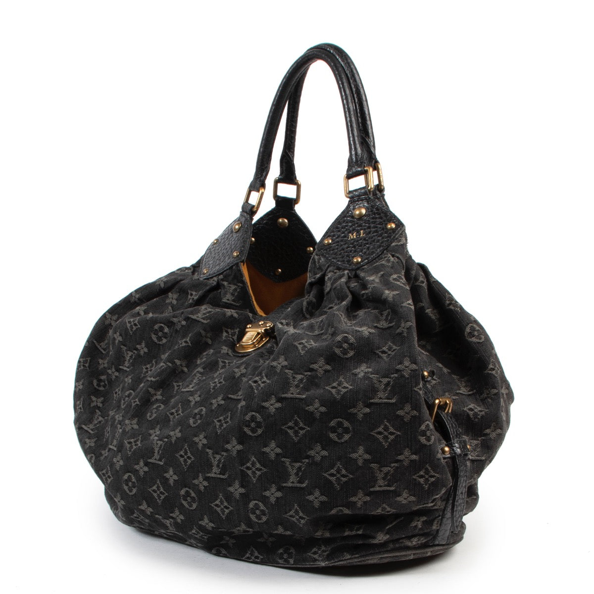 Online kopen van een authentieke tweedehands Louis Vuitton denim schouder handtas in zwart monogram jeans.