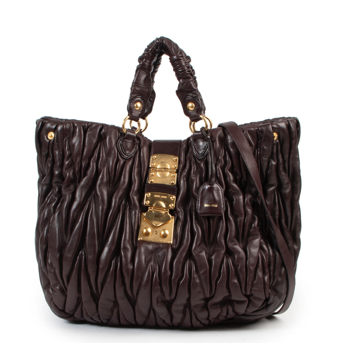 Koop authentieke tweedehands Miu Miu handtas in bruin leer met juiste prijs.