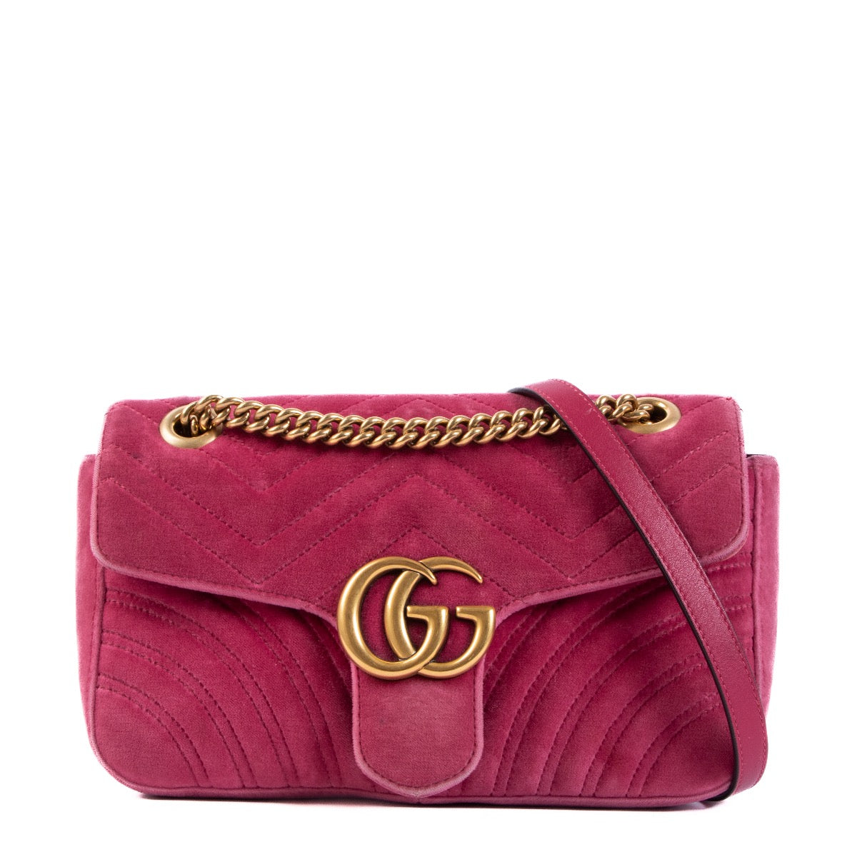 Shop safe online at Labellov in Antwerp this 100% authentic second hand Gucci Pink Velvet GG Small Marmont Crossbody