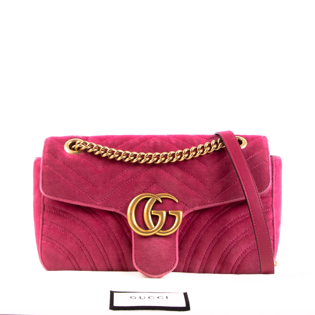 Shop safe online at Labellov in Antwerp this 100% authentic second hand Gucci Pink Velvet GG Small Marmont Crossbody