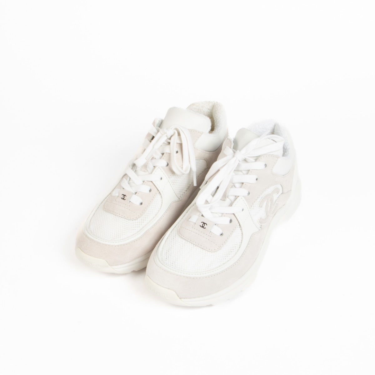 Authentic pre-loved Chanel White Logo Sneakers - Size 39.5 on Labellov.com