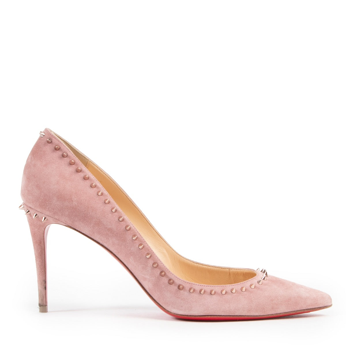 Shop online authentic Christian Louboutin Pink Suede Studded Anjalina Pumps in Size 40 in very good condition.
