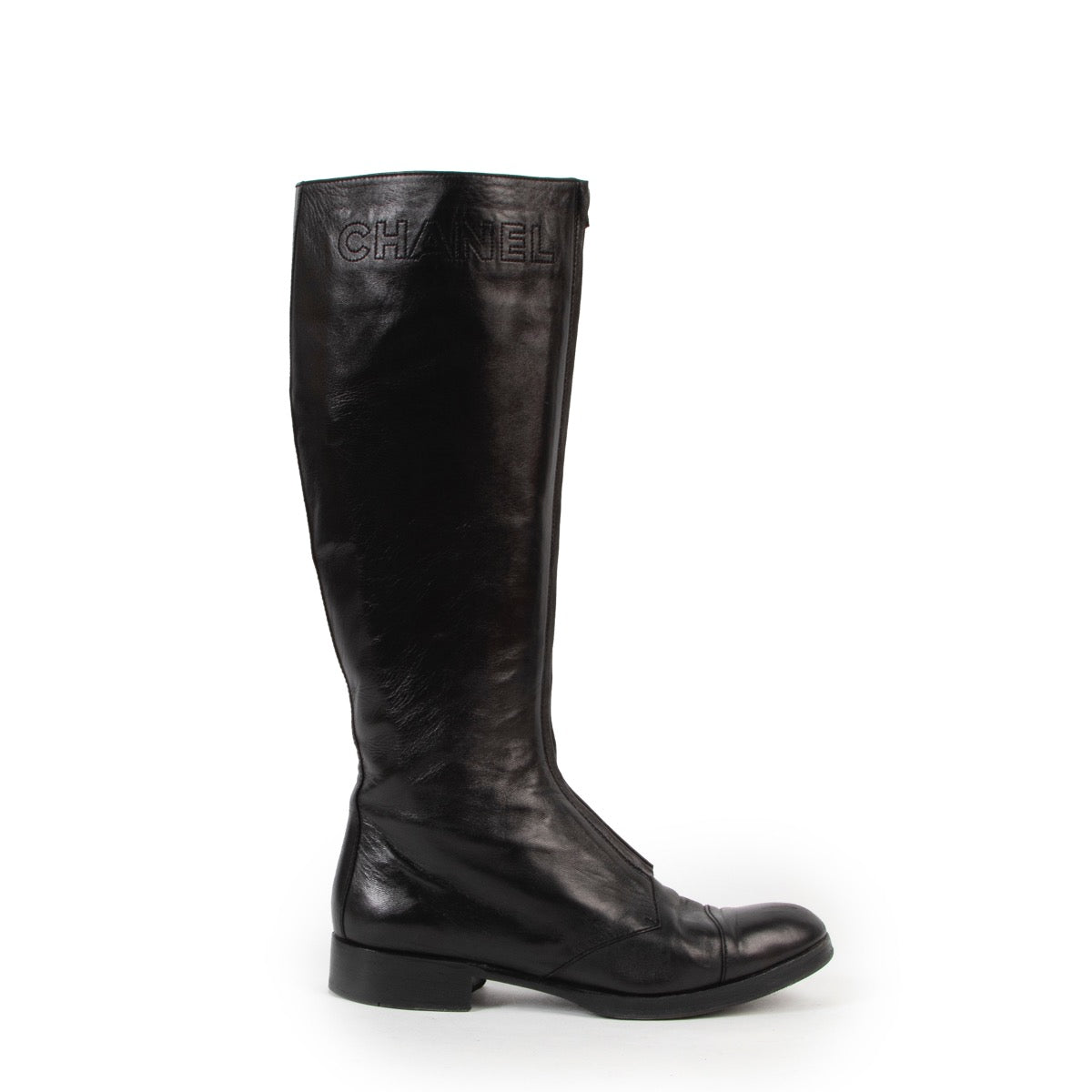 Shop safe online authentic Chanel Black Lambskin Leather Boots in size 38.5.
